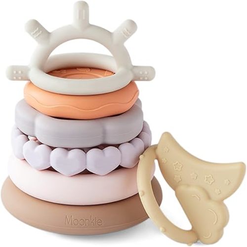 Moonkie Stacks of Circles Soft Teething Toy | Educational Learning Baby Toy | Stacking Ring Toys for Babies Boy and Girl | 7 Piece Teethers Set (Nature)