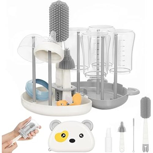 Baby Bottle Brush Set - 7 in1 Travel Bottle Cleaner Kit with Silicone Brush, Nipple Brush, Straw Brush, Bottle Drying Rack, Soap Dispenser, Storage Box, Baby Travel Essential Gift for Parents (Green)