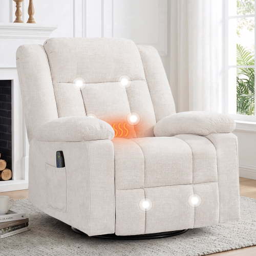 Korser 360°Swivel Rocker Recliner with Massage and Heating,Rocker Recliner Chair for Adults with Side Pockets Nursery Glider Recliner for Living Room,Chenille,Beige