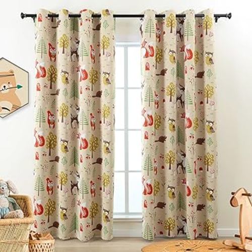 L.Z.E Cream Kids Curtains for Bedroom Nursery, 85% Room Darkening Blackout Thermal Insulated Drapes for Boys Girls Room, Beige Forest Animal Print Design Grommet Top 2 Panels Set, 52 x 84 Inch