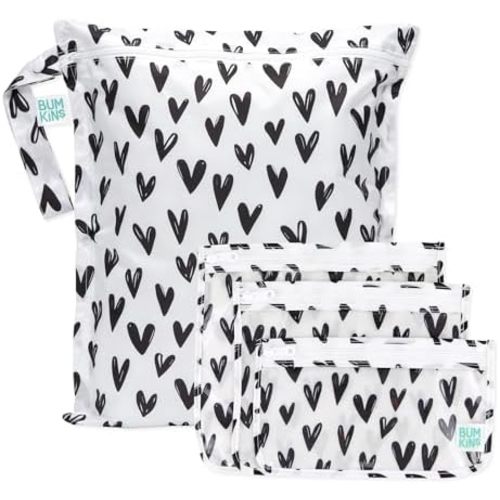 Bumkins - Waterproof Wet Bag & Clear Travel Bags - For Beach, Baby, Travel, Swim Suit, Cloth Diapers, Pump Parts, Pool, Gym, Toiletries - Reusable & Easy to Clean - Black Hearts - 4 Pack