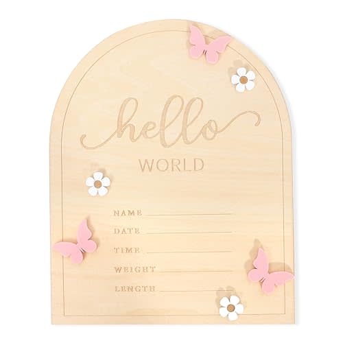 TERJIO Hello World Newborn Sign - Baby Announcement Sign for Baby Showers, Pink Butterfly Newborn Birth Announcement Board, Daisy Wooden Baby Milestone Card,Welcome