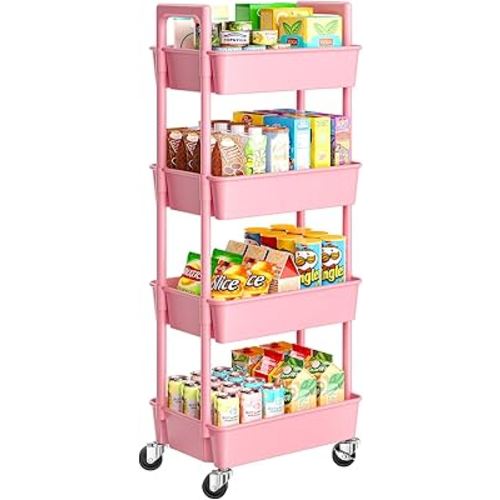 Pipishell 4 Tier Rolling Cart Organizer, Plastic Rolling Cart with Lockable Wheels & Reinforced Handle, Lightweight Utility Storage Cart for Nursery, Kitchen, Craft Room, Pink