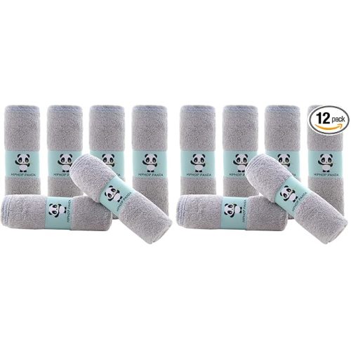 HIPHOP PANDA Baby Washcloths, Rayon Made from Bamboo - 2 Layer Ultra Soft Absorbent Newborn Bath Face Towel - Reusable Baby Wipes for Delicate Skin - Grey, 12 Pack