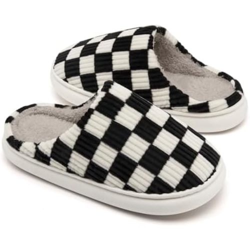 Yueerlu House Slippers for Woman Men, Fuzzy Checkered Mens Womens Slippers Warm Memory Foam House Shoes Indoor Outdoor with Faux Fur Lining
