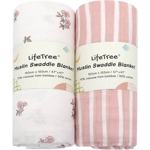 LifeTree Baby Swaddle Blankets, Boys Girls Muslin Swaddling Wrap Receiving Blanket for Newborn, 70% Viscose from Bamboo and 30% Cotton, Large 47" x 47", Pink Floral and Stripe