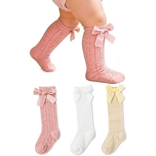 Urieo Baby Girls Knee High Socks Toddler Bow Mesh Long Sock Dress Uniform Stockings