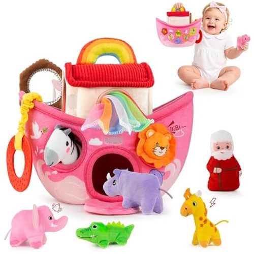 Baby Girl Toys 6-12 Months-Pink Noah's Ark Toy with Stuffed Animals