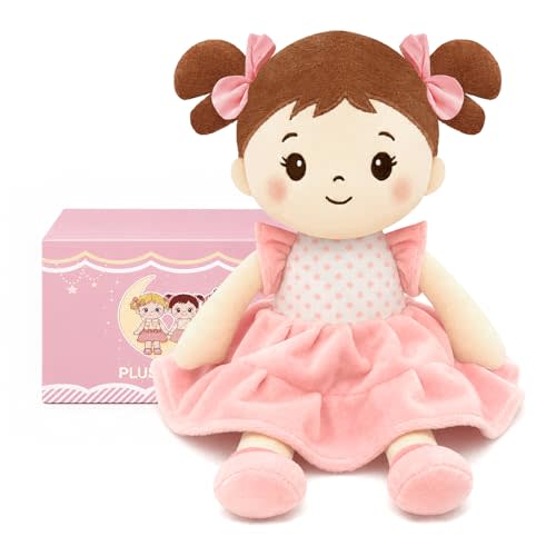 SQEQE Soft Baby Doll, 11" Plush Rag Dolls for 1 Year Old Girl Birthday Gift, First Baby Dolls Toys for Infant Toddler Kids Brown Hair