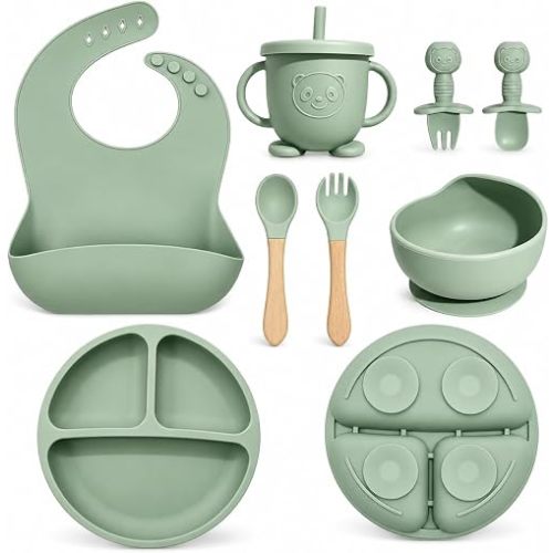Silicone Baby Feeding Utensils Set for 6+ Months, 8 Pcs, Green