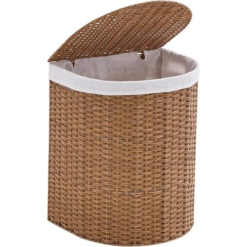 Wicker Half Moon Laundry Basket with Lid and 2 Replaceable Liner Bags, Handwoven Rattan Hamper for Dirty Clothes, Rattan, 90L