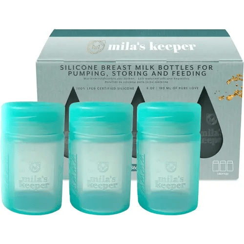 Mila's Keeper Premium Silicone Breast Milk Storage Bottles, for Pumping, Storing and Feeding, Fits Leading Pumps and Nipples, 6 oz Silicone Milk Storage Containers, Wide Neck Ocean Mist, Set of 3