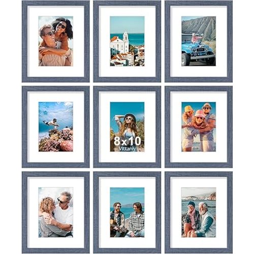 Vittanly 8x10 Picture Frames Set of 9, Shatter Resistant Plexiglass, Display 5x7 Pictures with Mat or 8x10 without Mat, Photo Frames for Wall or Tabletop, Engineered Wood, Navy