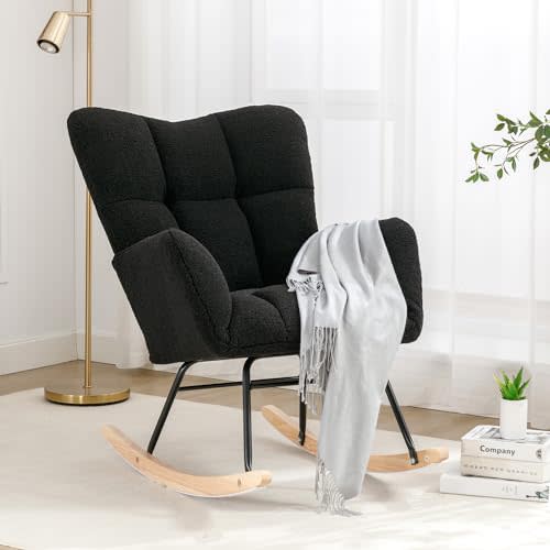 FOXHUNTER Rocking Chair Nursery Teddy Upholstered Glider Rocker High Backrest Nursery Rocker Comfortable Stylish Accent Armchair for Living Rooms Bedrooms Offices (Teddy Black)