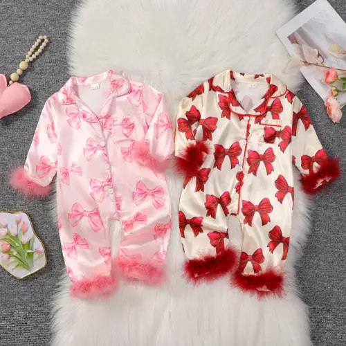 Baby Girls Pajamas, Long Sleeve Bow Print Furry Patchwork Button - TikTok Shop