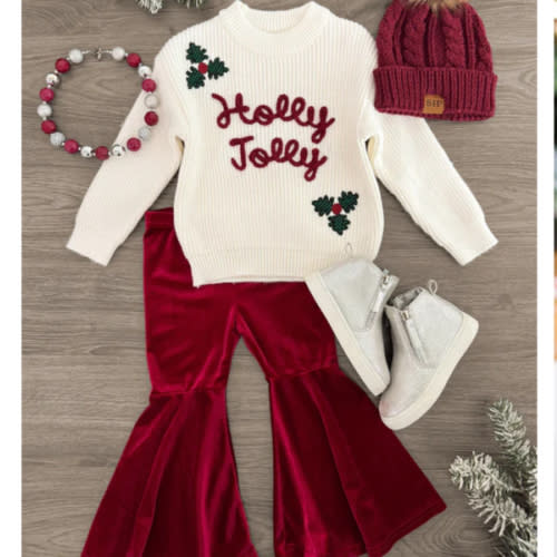 "Holly Jolly" Velvet Bell Bottom Set | Kids' Christmas Clothing – Sparkle In Pink