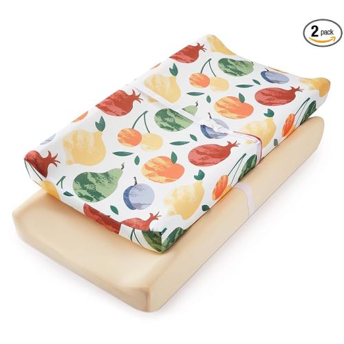 TILLYOU Baby Changing Pad Cover, Changing Table Cover for Girls Boys, Ultra Soft Breathable, 2 Pack Fruit Shadow & orangish