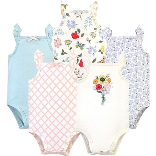Touched by Nature Unisex Baby Organic Cotton Bodysuits, Flutter Garden, 6-9 Months