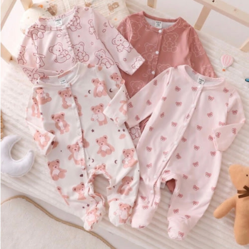 4pcs Newborn Bear Pattern Khaki Long Sleeve Footed Jumpsuit Fall Winter