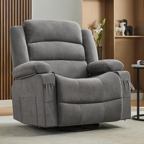 Rocker Recliner Chair with Heat and Massage, 360° Swivel Nursery Rocking Chairs for Adults, Oversized Recliner Single Sofa Seat with Cup Holders, Lazy Boy Recliner Single Sofa (Manual, Grey)