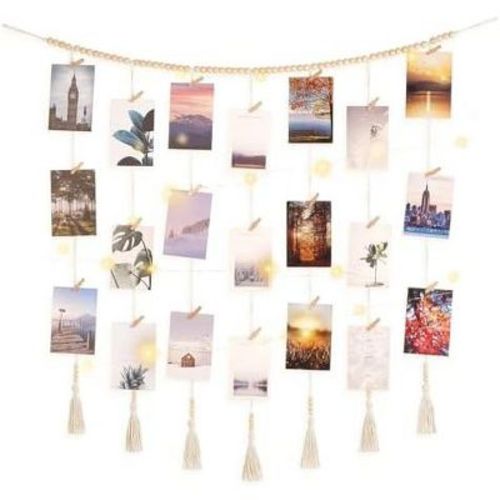 Aoibox Macrame Wall Hanging Photo Display with Wooden Clips, Boho Decor for Bedroom, Living Room, Dorm, Classroom, Collage Picture Frame