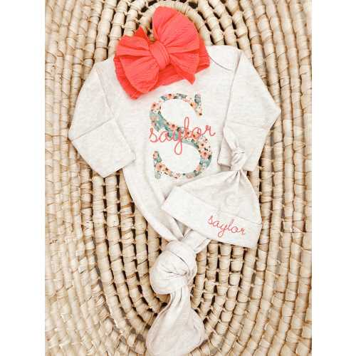 Personalized Knotted Gowns, Quick Shipping, 0-3 Months, Baby Shower Gift, Custom Going Home Outfit, Baby Girl