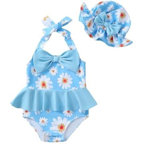 Kucnuzki Baby Girl Swimsuit Newborn One Piece Bathing Suit Bow Tie Bikini Tankini Infant Swimwear with Hat
