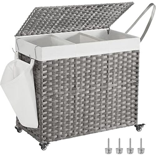 SONGMICS Laundry Hamper with Lid, 42.3 Gallons (160 L), Rolling Laundry Basket with Wheels, 3-Section Synthetic Rattan, Removable Liner, Bedroom, 27.6 x 14.2 x 26 Inches, Gray ULCB365G01