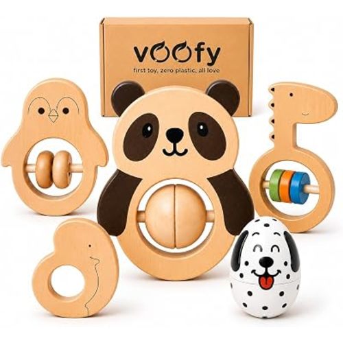 Wooden Baby Rattle Set (5pcs) – Montessori Infant Grasping Toys for 0-12 Months, Natural Non-Toxic Sensory Development Toy, Eco-Friendly Shaker Organic Baby Shower Gift for Boys & Girls