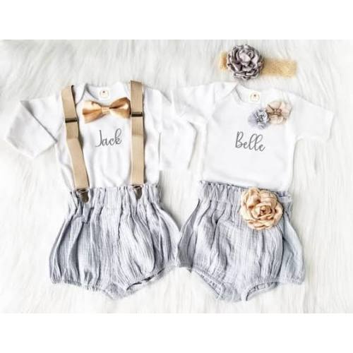 LilyandMax Girls Boho Outfit, Rustic Baby Girl Boy Gray Champagne outfit,Boho Girl and Boy Bubble Short outfit,Rustic Baby Twin Gift Outfit, Photo Prop | Google Shopping