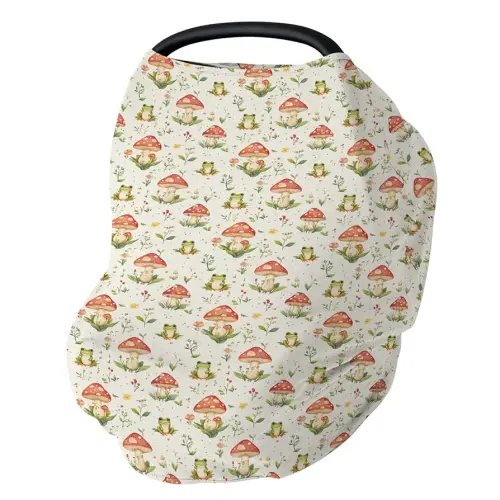 Green Frogs Mushroom Forest Baby Car Seat Covers Fairytale Frogs Stretchy 5-in-1 Cover Adjustable Infant Carseat Canopy Cover Baby Animals Breathable Nursing Cover-Up