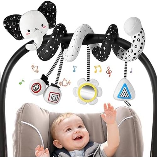 URMYWO Spiral Car Seat Toys for Babies 0-6 Months, Black and White Baby Toys, High Contrast Baby Toys for Newborn, Hanging Toy Fits Stroller, Shower Gift for Boys Girls