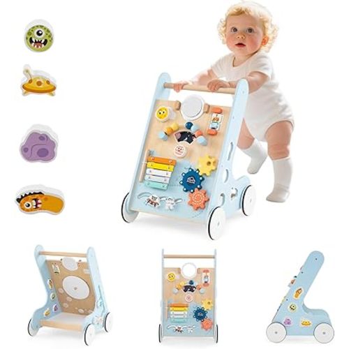 INFANS Wooden Baby Carts, Montessori Push Toyswith Multiple Activity Toys, Storage, for Infant Learning Sit to Stand for Boys Girls (Light Blue)