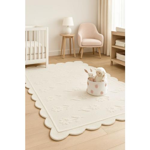 Floral Embossed Nursery Rug – Plush Cream White Carpet, Scalloped Edge