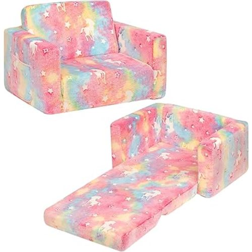 ALIMORDEN 2-in-1 Flip Out Cuddly Sherpa Toddler Couch, Convertible Sofa to Lounger,Glow-in-The-Dark Unicorn Pattern