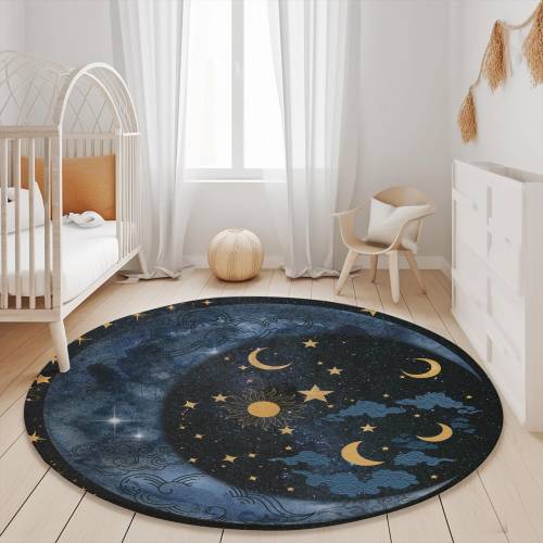 Celestial Moon Phase Round Rug: Galaxy Night Sky Area Carpet (60"x 60")