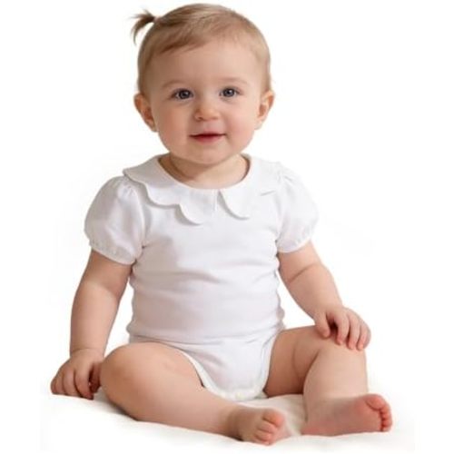 LYSMuch 0-24Mo Baby Girls Peter Pan Collar Bodysuit Toddler Ruffle Romper Short Sleeve Solid Color Clothes