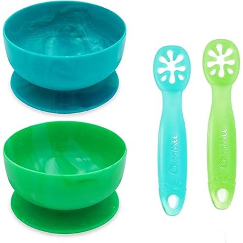 ChooMee Baby Suction Bowls & FlexiDip Learning Utensil Set, 4 CT Small, Aqua Green
