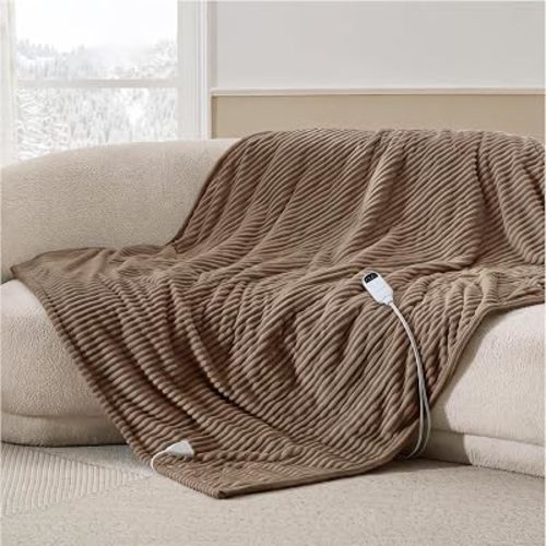 Bedsure Ribbed Heated Blanket Throw, Brown Electric Blanket, Preheat