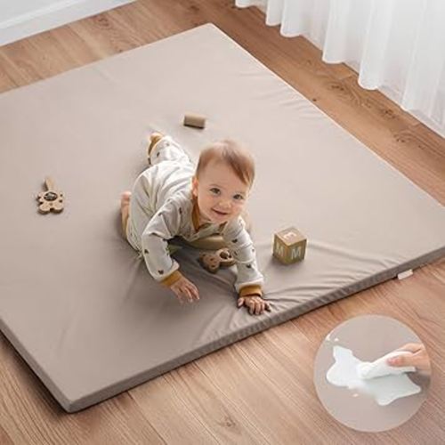 Blissful Diary Vegan Leather Baby Play Mat, 47x47 Thicken Foam Cushioned & Waterproof Playpen Mat for Infants and Toddlers, Stylish and Just Wipe-Clean Playmat for Baby Play on Floor, Taupe