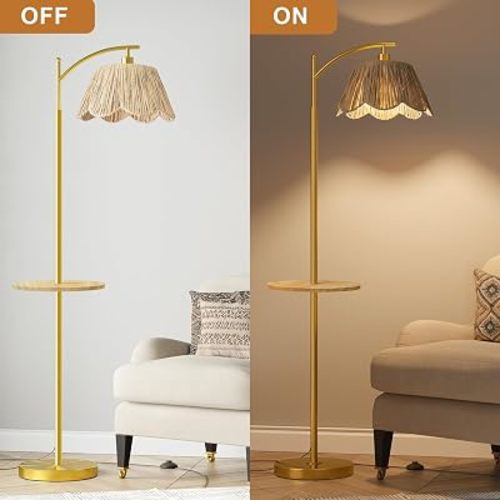 Floor Lamp with Table for Bedroom, Standing Lamps with Foot Switch, Farmhouse Floor Lamp for Living Room, Arc Rattan Lamps with Gold Metal Base & Pole