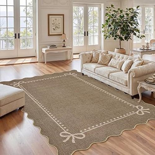 Garvee Scalloped Bow Rug 6x9, Soft Extra Large Washable Area Rugs for Living Room Bedroom Dining Room, Non Slip Faux Wool Low Pile Farmhouse Nursery Decor, Large Boho Home Decor Rugs, Brown
