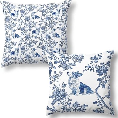 Chinoiserie Dog Corgi Decorative Throw Pillow Covers Set of 2, Cute Pillows Covers Gifts for Dog Lovers, Rustic Blue and White Floral Porcelain Pillow Cases Decor for Couch Bedroom 18x18in