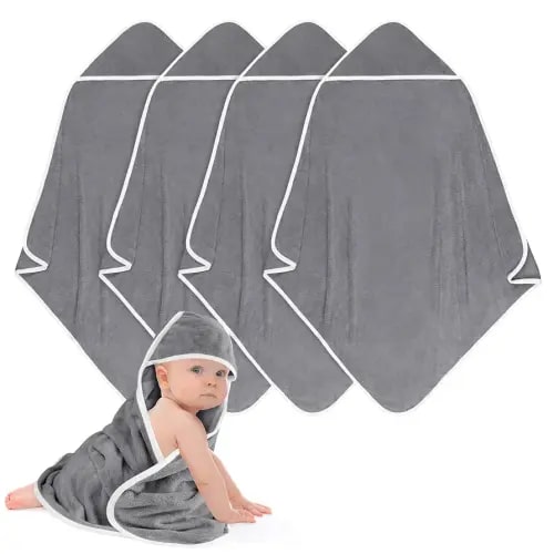 Hooded Towel for Newborn, 4 Pack Soft Coral Fleece Baby Towels, Ultra Absorbent Bath Cloths Bulk for Infants, Toddlers, Newborn Essential- 30 x 30 inch - Grey