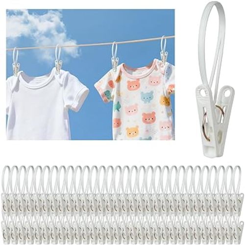 60 Pcs Clothes Pins with Plastic Rope,Multi-Purpose Clips for Hanging,Windproof Plastic Clothespins for Hanging Baby Clothes,Socks,Hats, Pants, Bras, Underwears,Towels,Photos,White