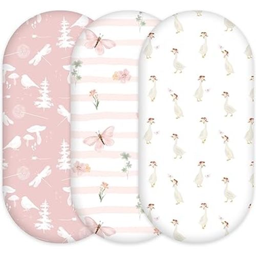 3-Pack Organic Bassinet Sheets for Girls Stretch, Soft Cozy Fitted Bassinet Mattress Sheet (32" x 16") Universal Fit for Hourglass, Oval, & Rectangle Mattresses Pink Butterfly
