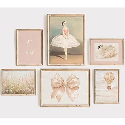 6Pcs Pink Nursery Wall Art Baby Girl Canvas Wall Decor Vintage Girl Ballet Poster Prints Kids Toddler Pictures Antique Floral Bow Swan Painting Gallery Artwork for Girls Room Bedroom 8x10 Unframed