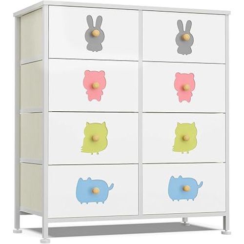 FRAPOW Kids Dresser for Bedroom, Baby Girls Dresser with 8 Fabric Drawers Tall Storage Organizer for Toddler Child with Wood Top Metal Frame for Living Room, Nursery, Closet, Apartment