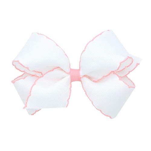 Wee Ones Girls' Classic Grosgrain Moonstitch Edge Hair Bow on a WeeStay Hair Clip, Contrasting Edge, Medium, White with Light Pink