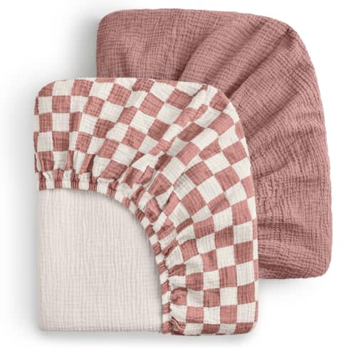 Blissful Diary Muslin Crib Sheets, 2 Pack, Dusty Pink Checkboard & Pink | fitted for 52''x28'' crib mattress, soft and breathable cotton, boho style, easy care for machine wash, gift for boy and girl
